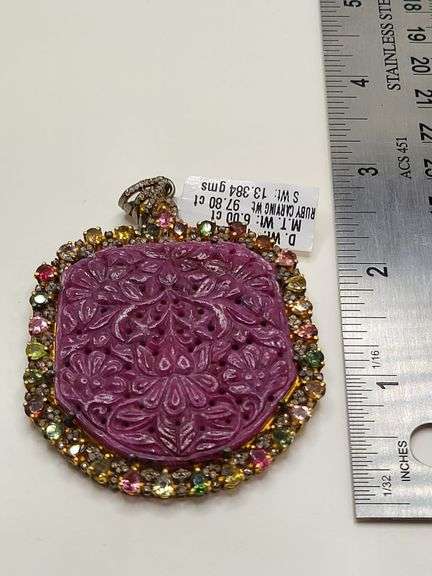 Massive 97.80ct Hand-Carved Natural Ruby Pendant with 1.28ct Diamonds & 6.00ct Tourmaline in Sterlin