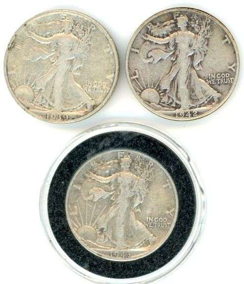 3 Different Walking Liberty Silver Half Dollars: 1939-1943-D
