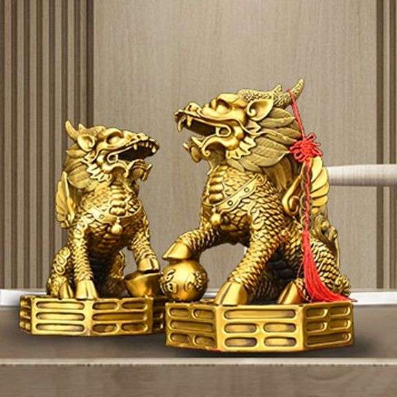 Feng Shui Qilin Brass Statue Pair for Wealth & Protection