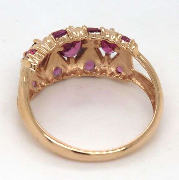14kt Yellow gold oval and round rhodalite garnet dome ring