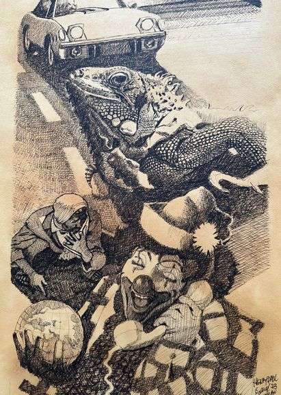 Vintage Lithograph by Henry Paul – Surreal Street Narrative (1973)