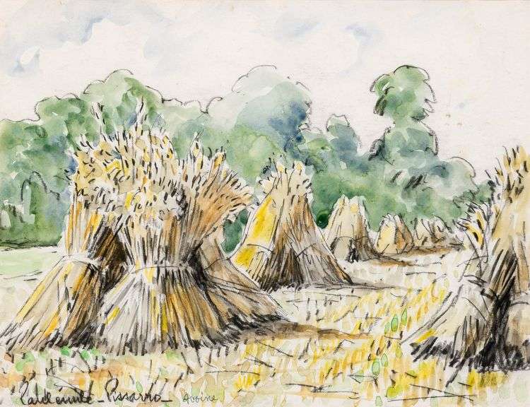 Rare Paul-Emile Pissarro Original Watercolor One-of-a-Kind Signed and Titled Stacked Sheaves in Avoi