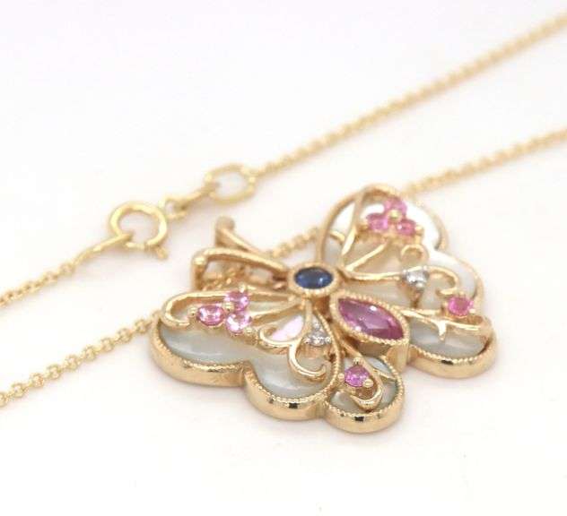 14kt Yellow gold mother of pearl and multi gemstone butterfly pendant on chain