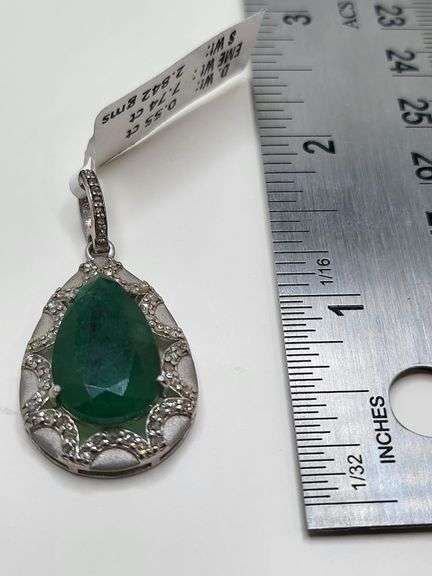 7.74ct Colombian Emerald Pendant with 0.55ct Natural Diamonds in Sterling Silver