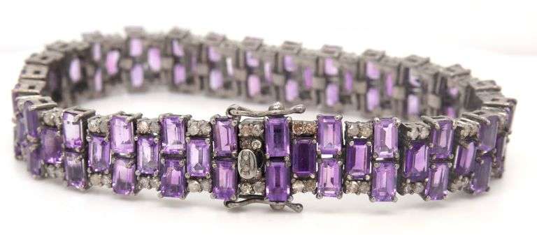 Dazzling 21.73CTW Emerald-Cut Amethyst & Diamond Bracelet in 14K White Gold Over Sterling Silver