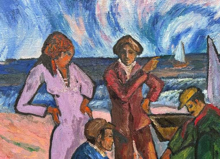 Remarkable oil on burlap art by Manor Shadian (1931- ) Manor Shadian Boat People