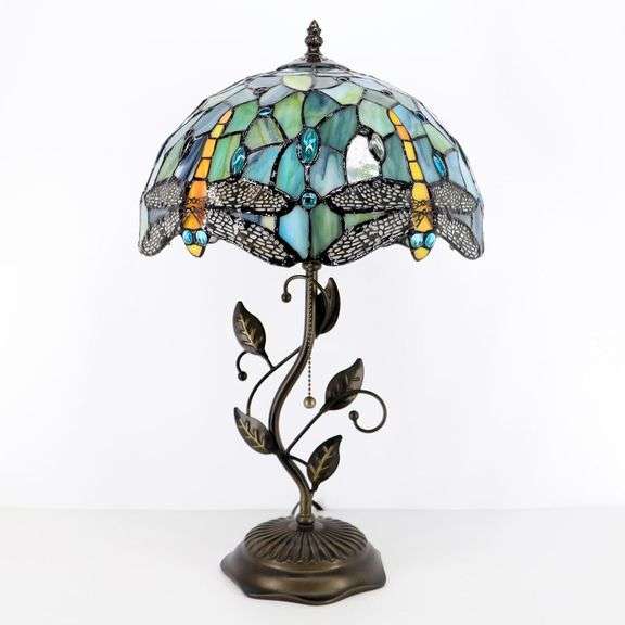 Dragonfly Stained Glass Table Lamp with Metal Leaf Base
