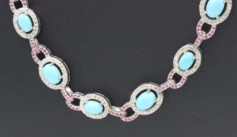 Inspiring 21.15CTW Oval Cabochon-Cut Turquoise, 4.25CTW Single Cut Faceted Rubies & 4.25CTW Diamond 