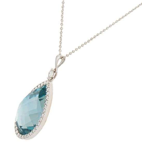 Roberto Coin Pear Shaped Blue Topaz and 0.20ctw Diamond Frame Pendant Necklace in 18K