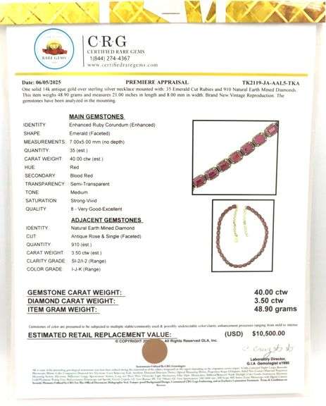 Amazing 40.00CTW Emerald-Cut Ruby & 3.50CTW Diamond Necklace in 14K Yellow Gold Over Sterling Silver