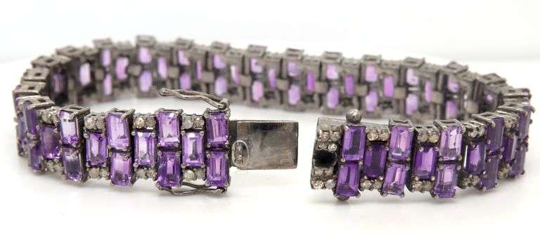 Dazzling 21.73CTW Emerald-Cut Amethyst & Diamond Bracelet in 14K White Gold Over Sterling Silver