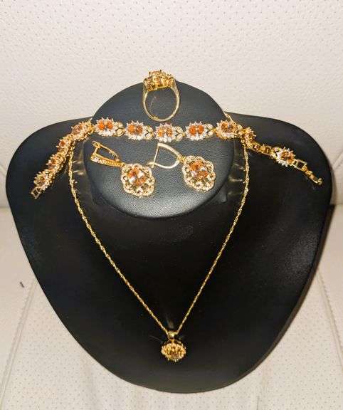 18 Kt Yellow Gold Plate Lab Simulated Orange Sapphire 4 Piece Jewelry Set
