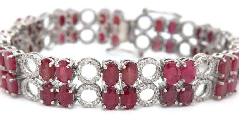 Enamoring 32.00CTW Oval Faceted Ruby & Diamond Bracelet in 14K White Gold Over Sterling Silver