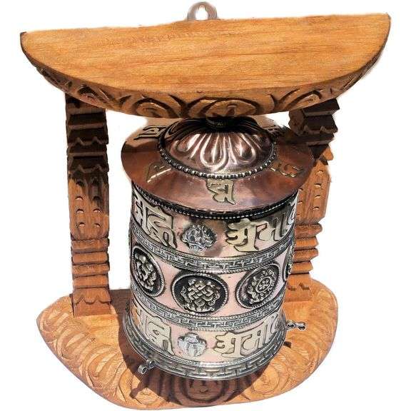 Large Tibetan Prayer Wheel with Wood Frame