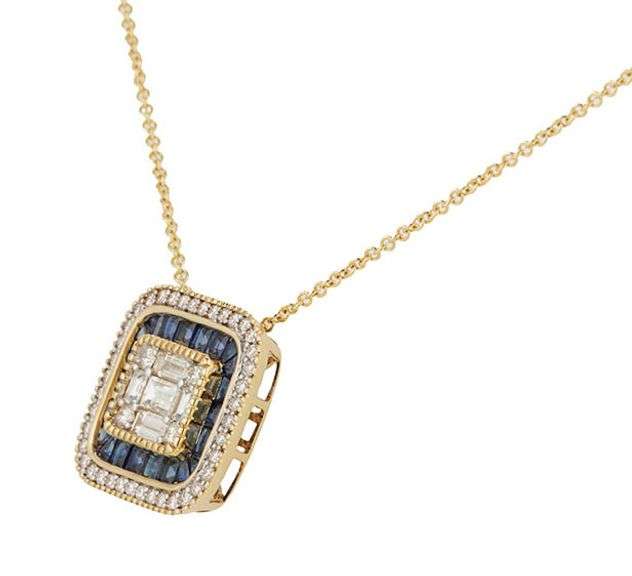 New 2.86ctw Diamond and 0.43ctw Sapphire Mosaic Pendant Necklace in 14K