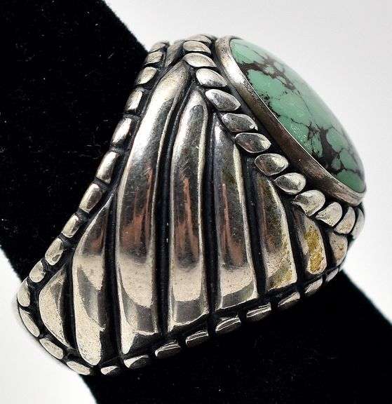 Green Stone Wide Band Ring in Sterling Silver