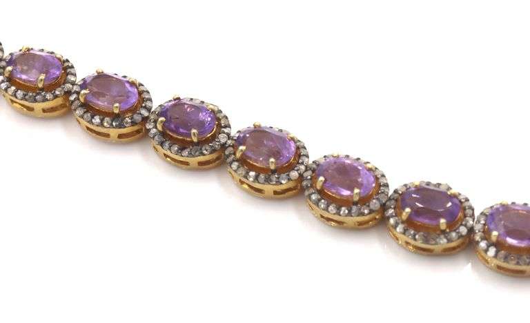 Dazzling 14.98CTW Oval Shaped Emerald-Cut Amethyst & Diamond Bracelet in14K Yellow Gold Over Sterlin
