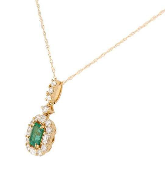 New 0.76ct Emerald Cut Emerald and 1.01ctw Diamond Frame Pendant Necklace in 18K