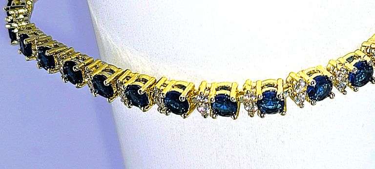 18 Kt Yellow Gold Plated Lab Simulated Deep Violet Blue Tanzanite and Diamond Tennis Bracelet