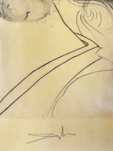Rare Salvador Dali Pencil Signed Etching on Parchment Paper from 'Roi je t'attends à Babylone' suite