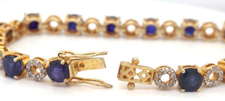 Adorable 18.00CTW Round Faceted Blue Sapphire & Diamond Bracelet in 14K Yellow Gold Over Sterling Si