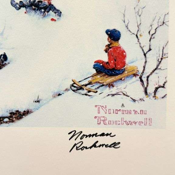 Exclusive Signed Norman Rockwell Offset Lithograph "Sledding"