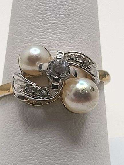 Antique 18K yellow gold vintage natural pearl and diamond ring size# 9