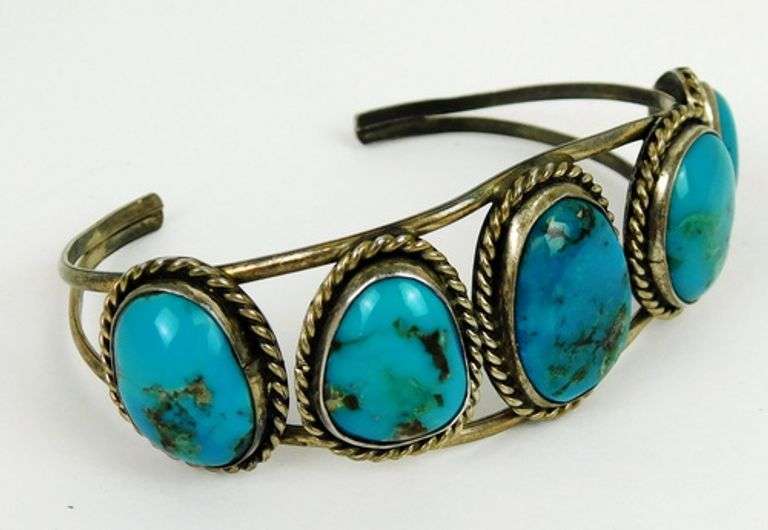 Early Navajo Sterling Chunky Turquoise Cuff Bracelet