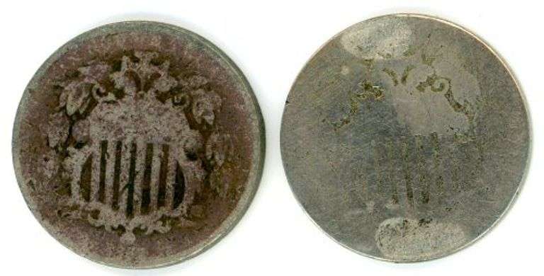 2 Different US Shield Nickels: 1867 & 1868