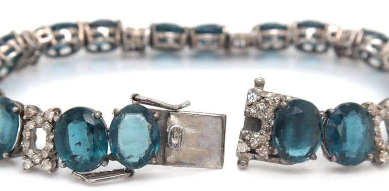 Awesome 50.89CTW Oval Emerald-Cut Blue Topaz & Diamond Bracelet in 14K White Gold Over Sterling Silv