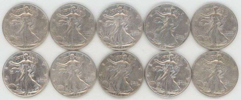 Run of 10 nice AU Walking Liberty Half Dollars 1938 to 1946