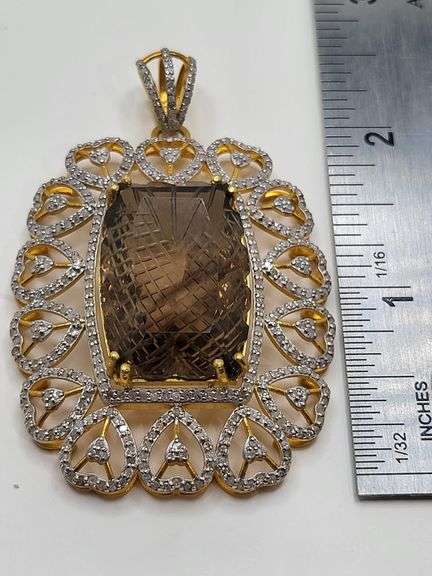 Massive 98.0ct Lemon-Cut Natural Quartz Pendant with Diamond Accents in Sterling Silver