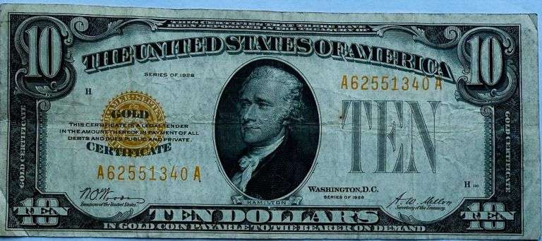 $10 Only Small Size 1928 US Gold Certificate