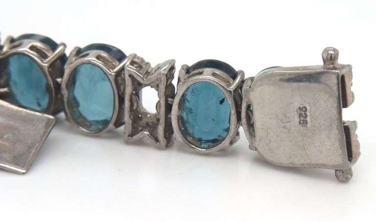 Awesome 50.89CTW Oval Emerald-Cut Blue Topaz & Diamond Bracelet in 14K White Gold Over Sterling Silv