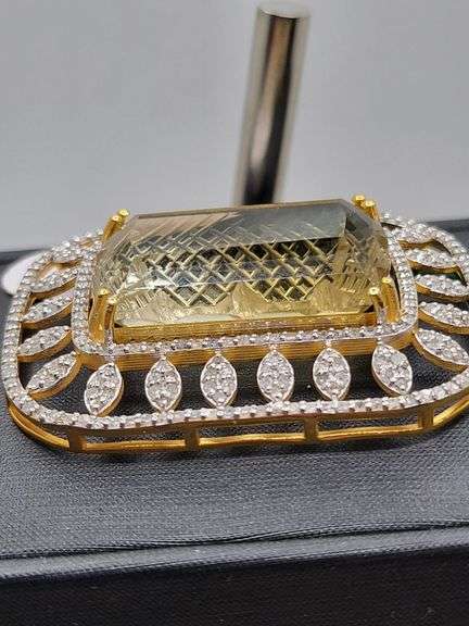 Massive 76.0ct Lemon-Cut Natural Quartz Pendant with Diamond Accents in Sterling Silver