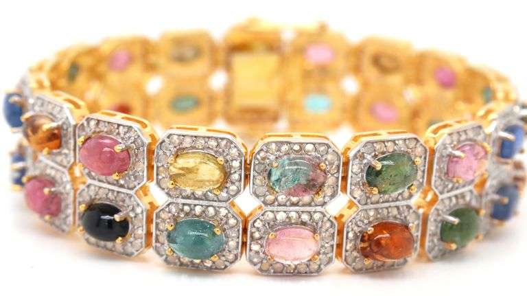 Jaw Dropping 24.00CTW Oval Multi Color Cabochon-Cut Tourmaline & 4.00CTW Diamond Bracelet in 14K Yel