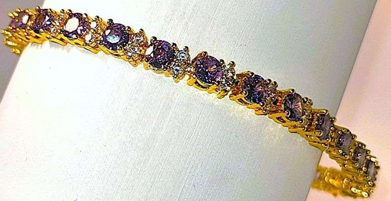 18 Kt White Gold Plated  Lab Simulated Russian Alexandrite Diamond Tennis Bracelet