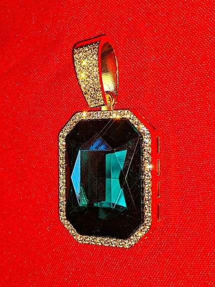 14 K Gold Plated Huge 62.5 Ct Simulated Emerald Diamond Pendant