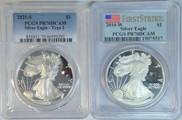 PCGS PR70DCAM graded 2010-W & 2021-S Ty 2 $1 Silver Eagles