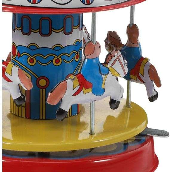 Retro Metal Wind-Up Merry-Go-Round Carousel