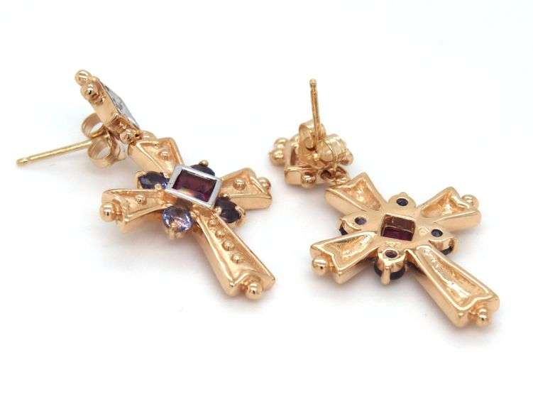 14kt Yellow gold Tanzanite and diamond accent cross earrings