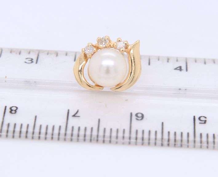 14kt Yellow gold 6mm pearl and diamond accent earrings