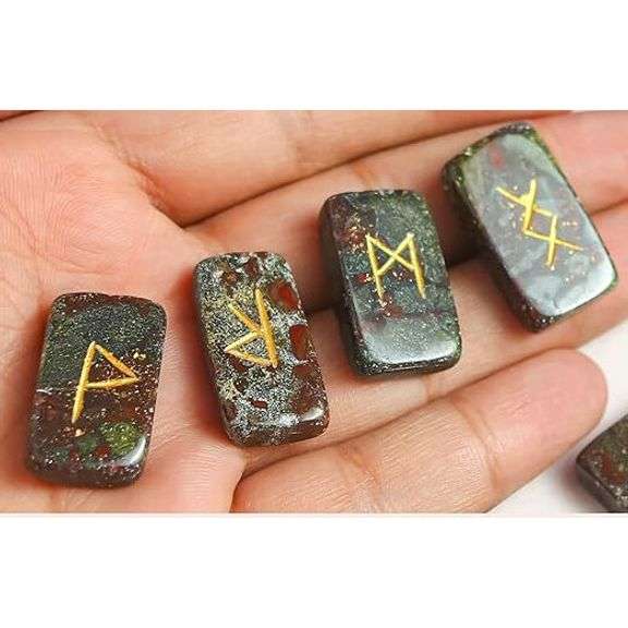 Hand-Carved Dragon Bloodstone Rune Stone Set