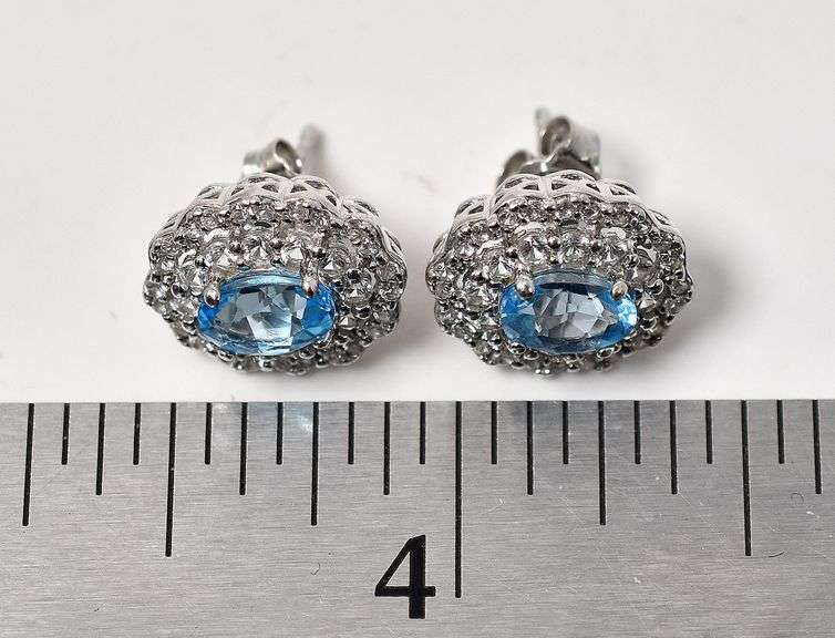 Blue Topaz and CZ Gemstone Stud Earrings in Sterling Silver