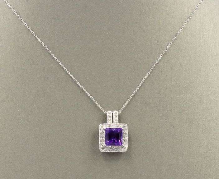10kt White gold square amethyst and diamond halo pendant on chain