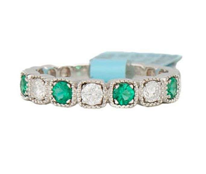 New 0.33ctw Emerald and 0.25ctw Diamond Milgrain Band Ring in 18K