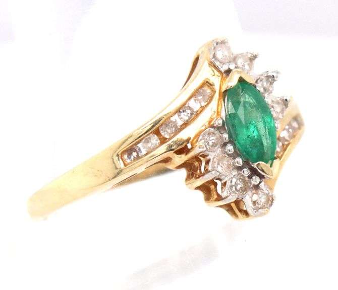 Nice 14K YG Marquise Emerald & Diamond Ring
