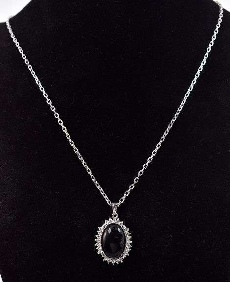 Marvelous 5.21CTS Oval Cabochon-Cut Black Onyx &  0.48CTW Eye Clean White Sapphire Gemstone Pendant