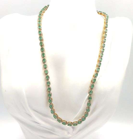 Mesmerizing 12.50CTW Oval Shaped Faceted Natural Emerald & 5.00CTW Diamond Tennis Necklace in 14K Ye