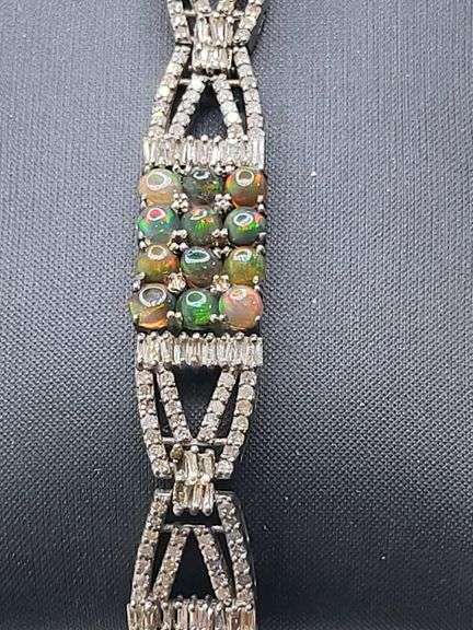 Elegant over 5.5ct Natural black opal with 2.99 ct diamond Bracelet-  in Sterling Silver – Size 7